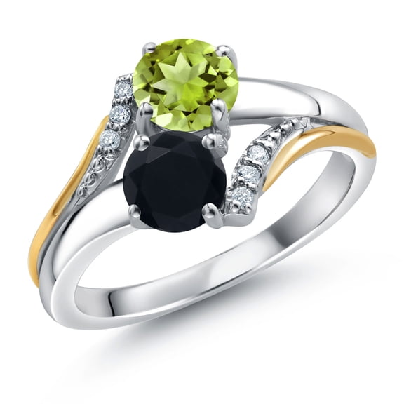 Gem Stone King 10K Yellow Gold and 925 Silver Black Onyx and Green Peridot and White Lab Grown Diamond Accent Engagement Ring for Women (1.05 Cttw, Gemstone December Birthstone, Round 5MM, Size 5)