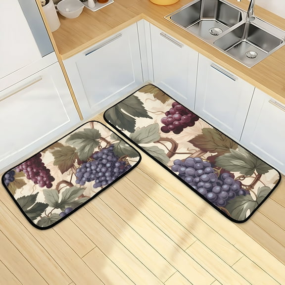 LAMIRO Grapes with Leaves Kitchen Rugs Set of 2 Non Slip Floor Foam Mat Cushioned Soft Waterproof Carpet Runner for Dining Room Laundry