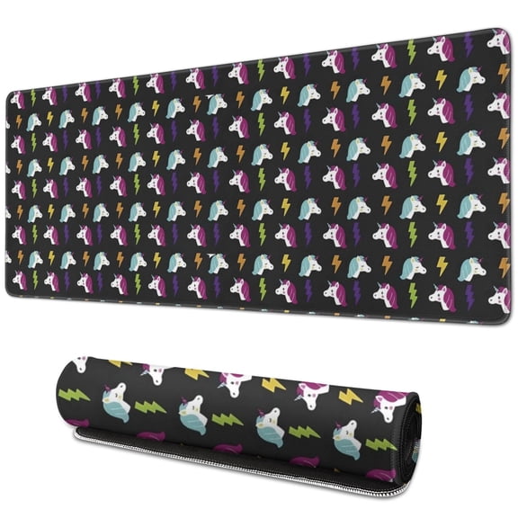 Long Mouse Pads for Desk,Black Cartoon Unicorn Lightning Pattern Desk Mats on Top Of Desks, Desk Mouse Pad Extra Large with 3mm Non-Slip Base and Stitched Edge for Gaming,Office,Work,Home 31.5"x11.8"