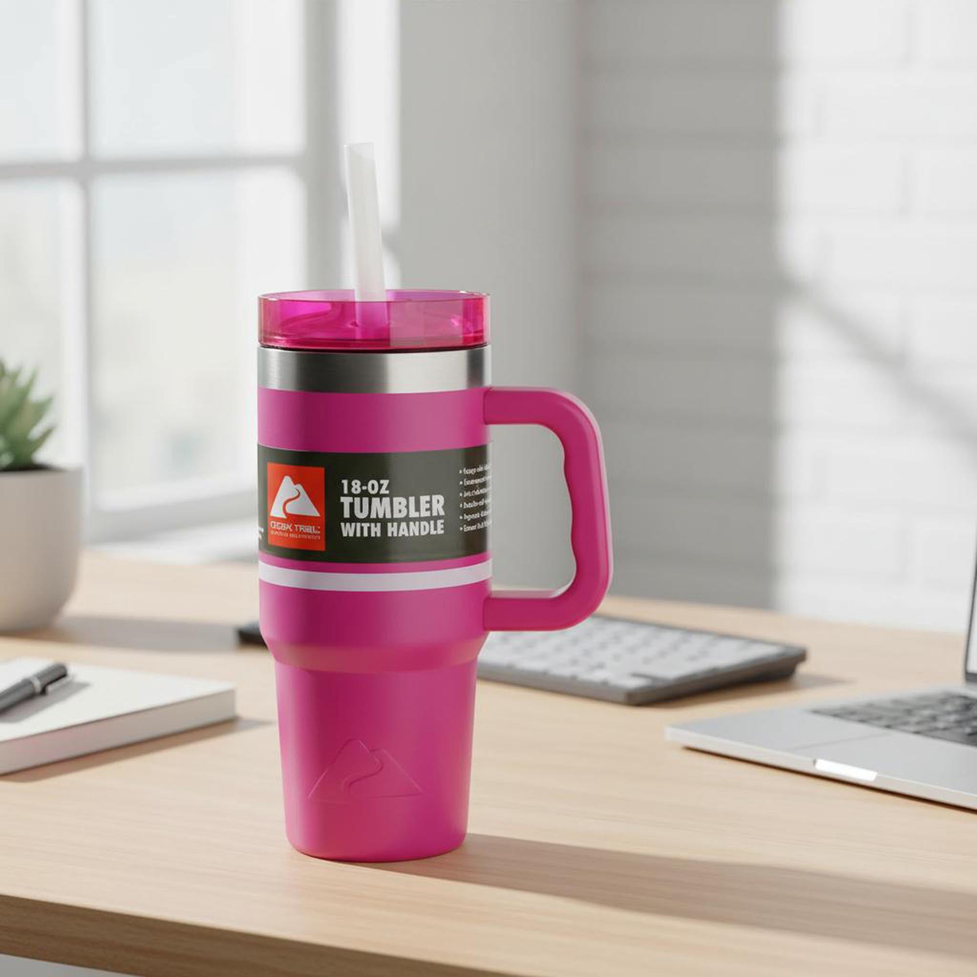 Ozark Trail 18 oz Stainless Steel Insulated Tumbler with Handle, Fuschia Burst Stripe