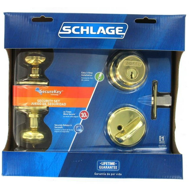Schlage Lock-Allegion FB50NVGEO605 K4 Deadbolt Bright Brass Keyed Knob Front Entry Set