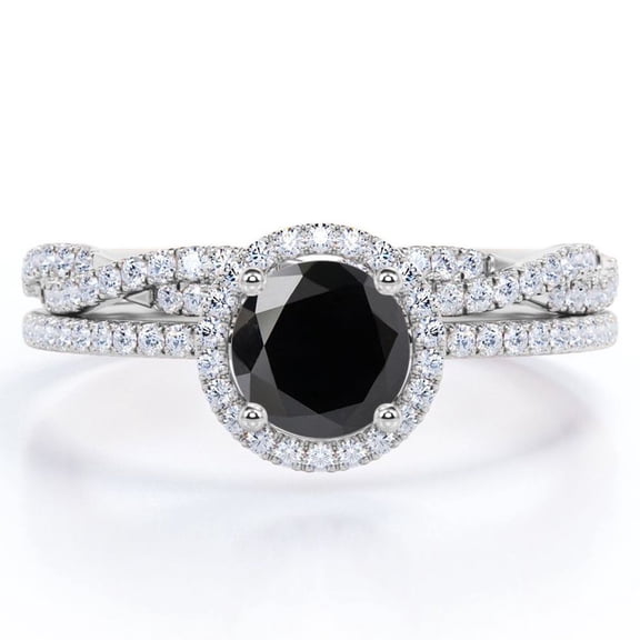 JeenMata Four-Prong Halo Setting 1.5 Carat Round Brilliant Cut Lab Grown Black Diamond and Moissanite Pave Infinity Bridal Ring Set in 18K White Gold Plating over Silver