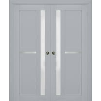 Sliding French Double Pocket Doors with Frosted Glass | Veregio 7288 Matte Grey | Kit Trims Rail Hardware | Solid Wood Interior Bedroom Sturdy Doors-36" x 84" (2* 18x84)