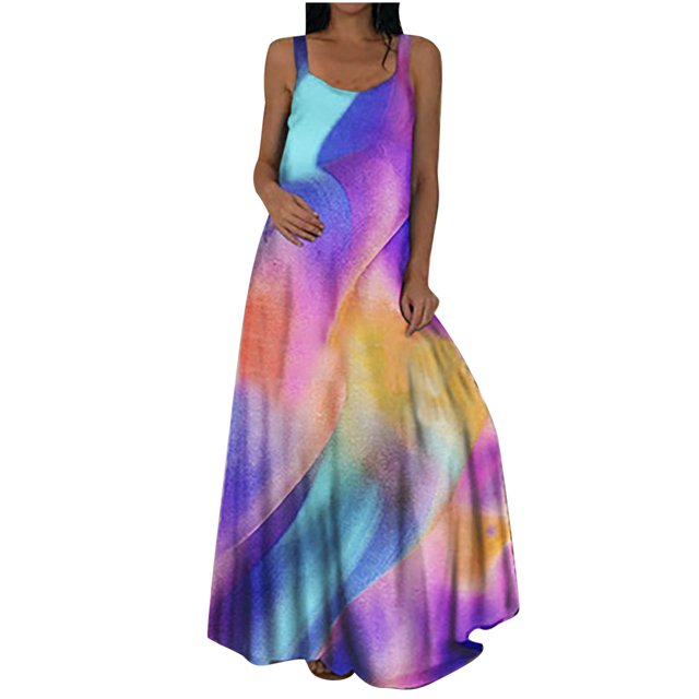RXIRUCGD Robes de Femmes, Femmes de Mode d'Été Décontractée O-Cou Robe de Sol-Longueur
