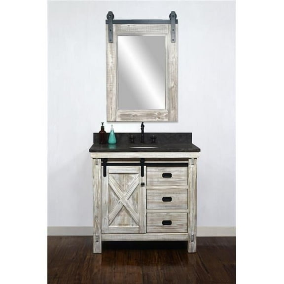 InFurniture WK8536-W-WK TOP 36 in. Rustic Solid Fir Barn Door Style Single Sink Vanity in White Wash with Limestone Top & Oval Sink - No Faucet - 37 x 34.6 x 22 in.