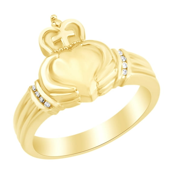 AFFY White Natural Diamond Cross Claddagh Men's Ring in 14k Yellow Gold Ring Size : 4
