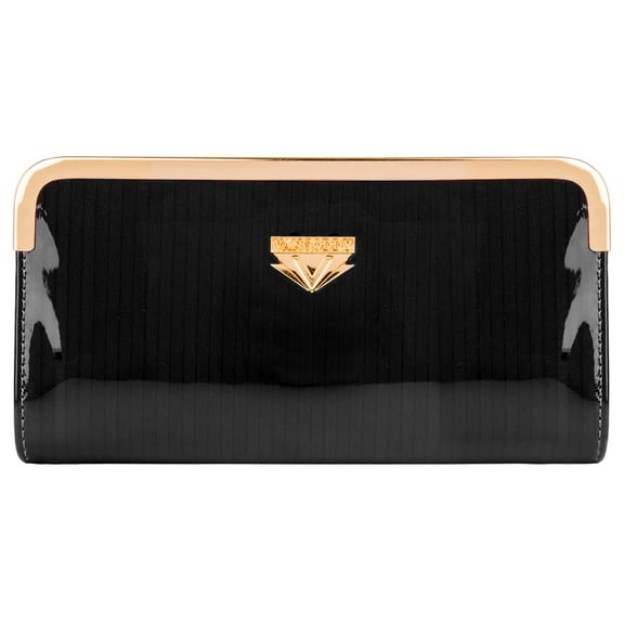 Women's Black Striped Patent Leather Wallet with Card Holder Organizers and Convertible Golden Chain Wristlet