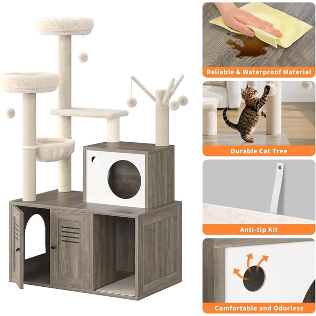 Royalbelle Gray Cat Tree with Litter Box Enclosure, Wooden Cat Condo with Platform