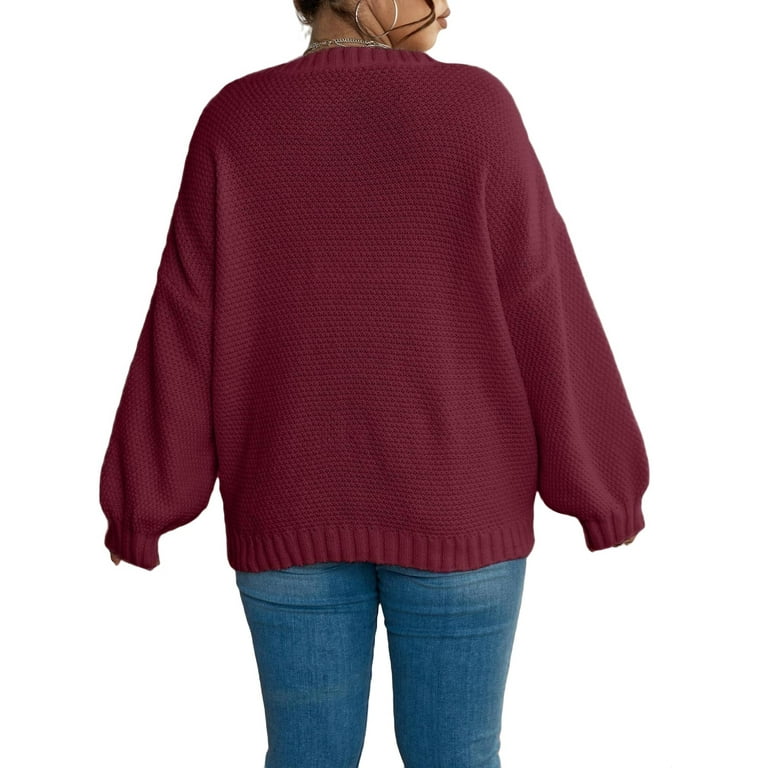 Casual Plain V neck Pullovers Long Sleeve Burgundy Plus Size Sweaters Women s Plus