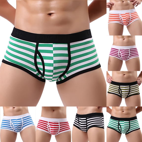 WIZUTIZ Mens Cotton Stripe Casual Boxer Briefs, Elastic Waistband Sexy Bulge Enhancing Adjustable Multiway Underwear