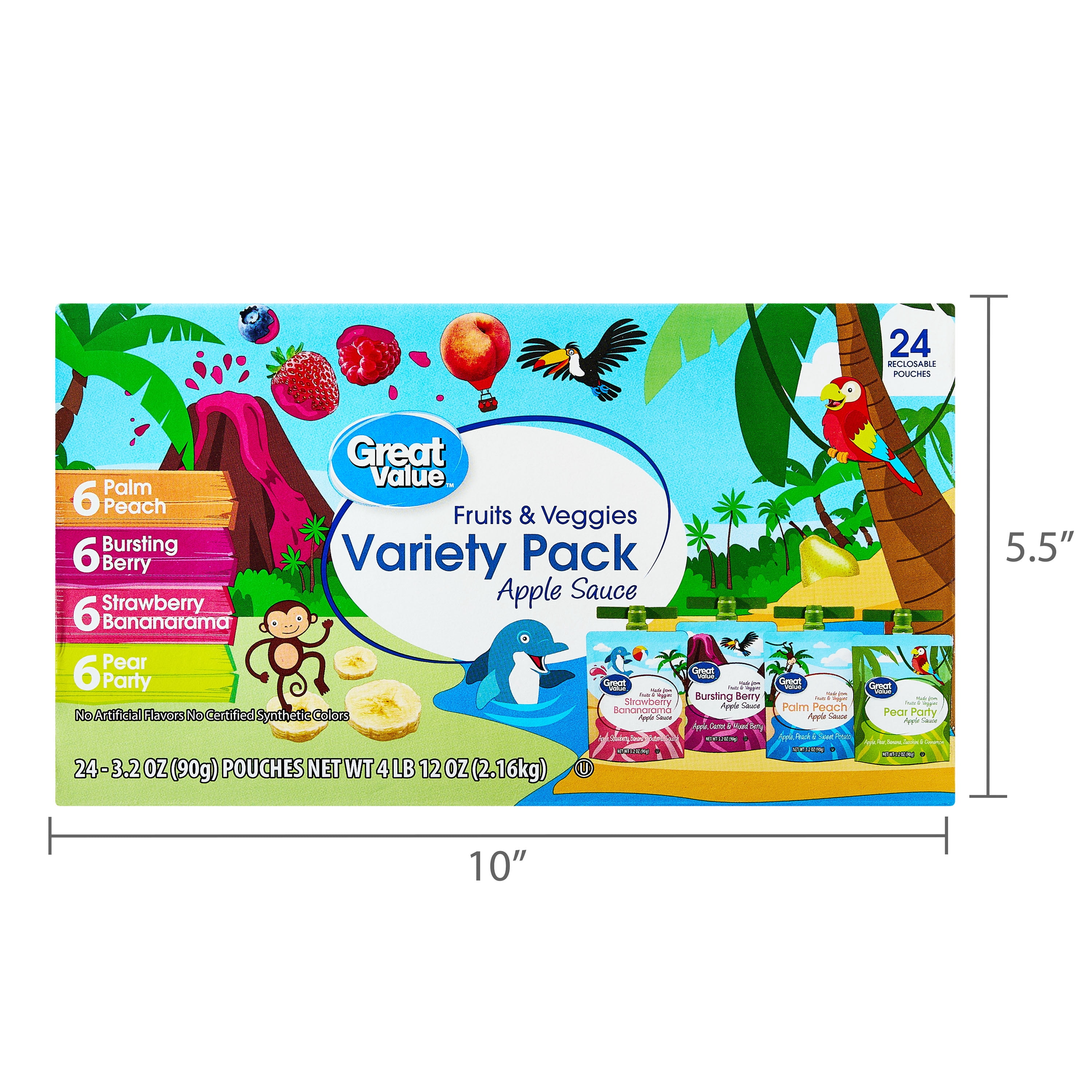 Great Value Fruits and Veggies Variety Pack Applesauce, 3.2 oz, 24 Pouches