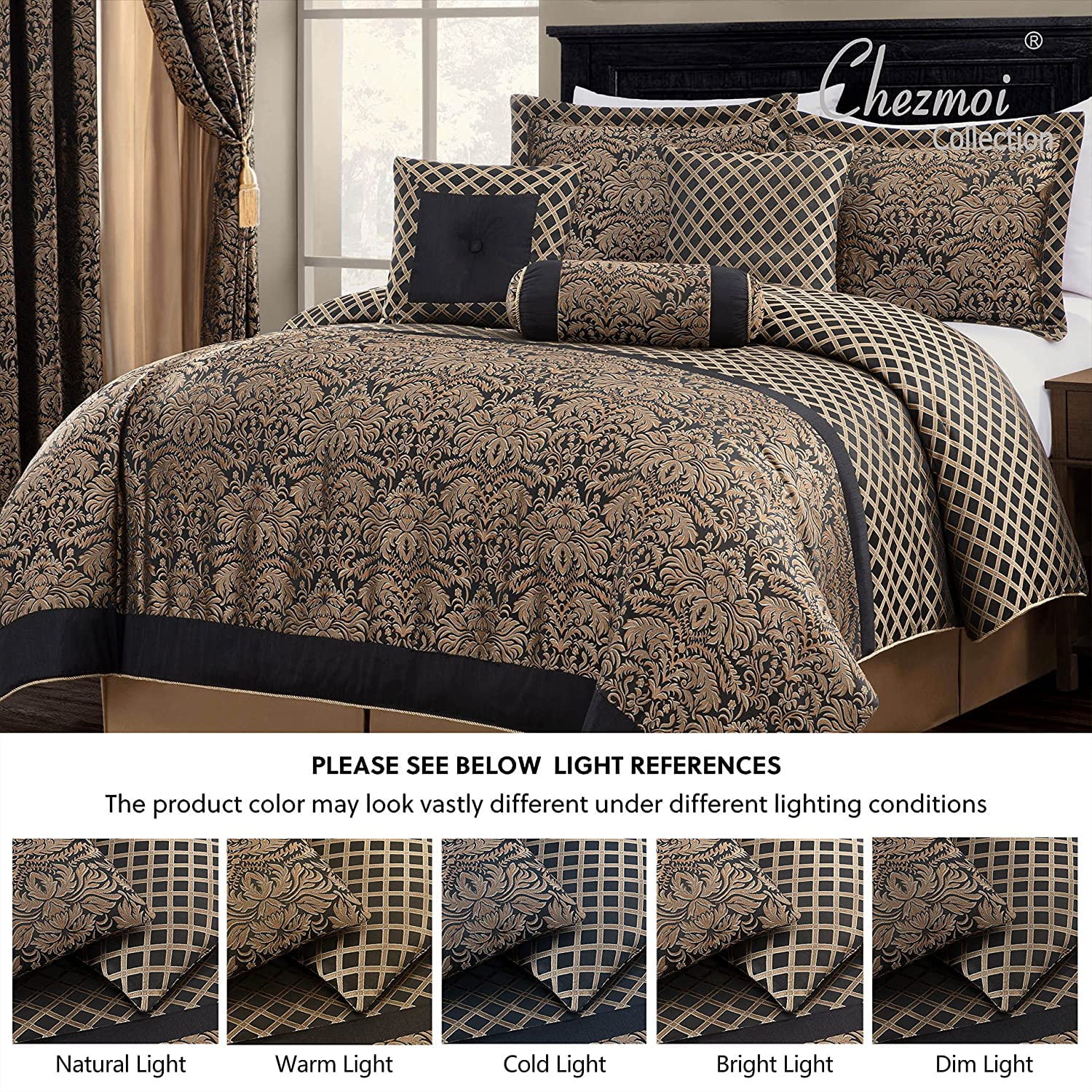 Chezmoi Collection Lisbon 7-Piece Black Gold Jacquard Floral Comforter Set, King Size