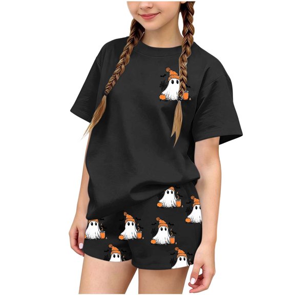 SERTGUTR Girls' Halloween Outfit Set Short Sleeve Crew Neck Top Elastic Waist Shorts Cute Ghost Print Soft Breathable Homewear School Party Everyday Wear