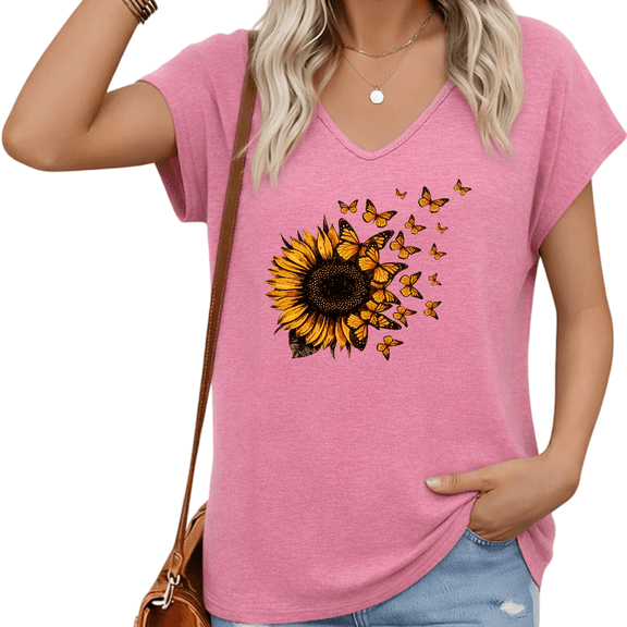 UNISHE Women Casual V Neck Short Sleeve T Shirt Sunflower Butterfly Graphic Vintage Nature Loose Plus Size Tee S-5XL