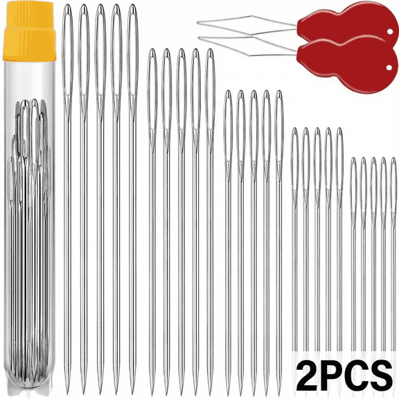 2 Pack 25 Pcs Large Eye Stitching Needles - 5 Sizes Big Eye Hand Sewing Needles with Clear Storage Tube and 2 Threaders for Stitching, Sewing and Crafting