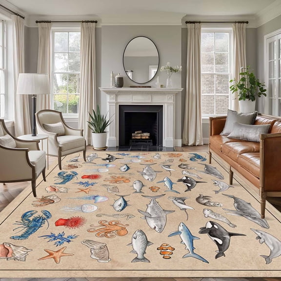 Nautical Coastal Animals Area Rugs 5'x7', Washable Small Throw Rugs for Laundry Room Playroom, Vintage Ocean Marine Life Brown Indoor Outdoor Rug Non-Slip Low Pile Carpet Runner Reversible Floor Mats