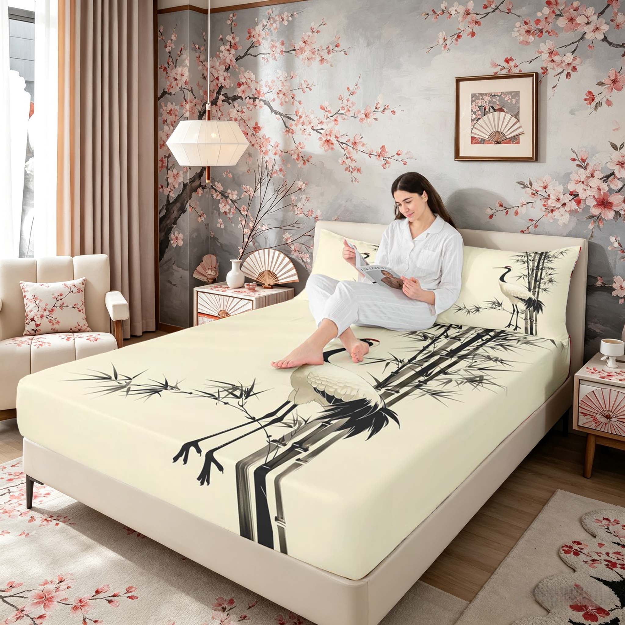 Manfei Ink Crane Queen Sheet Sets for Teens, Bamboo Bed Set, Beige Black White 4pcs, 1 Flat Sheet, 1 Fitted Sheet and 2 Pillowcases