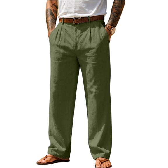 Yungyresw Mens Casual Pants Solid Elastic Waist Loose Fit Straight Leg Slacks Daily Office Work Lightweight Pants With Pocket NO Belt Deep Green L