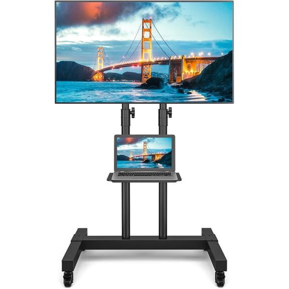 RTVR Heavy Duty Rolling TV Stand with Shelf on Wheels Fits 32-83 inch Screens, Adjustable Mobile Floor TV Cart Stand, Supporting Up to 110 lbs