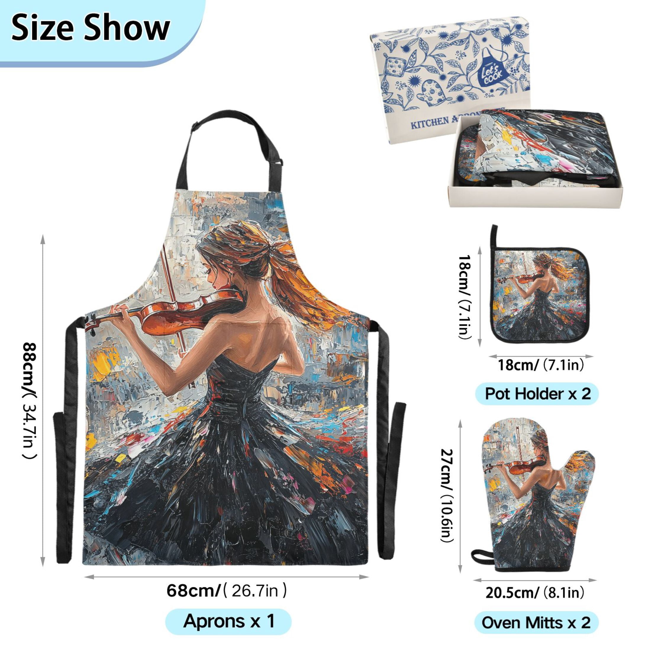 Elegant Woman Play Violin 5 Pcs Kitchen Set Heat Resistant Oven Mitts and Non-Slip Pot Holders with Adjustable Cooking Apron