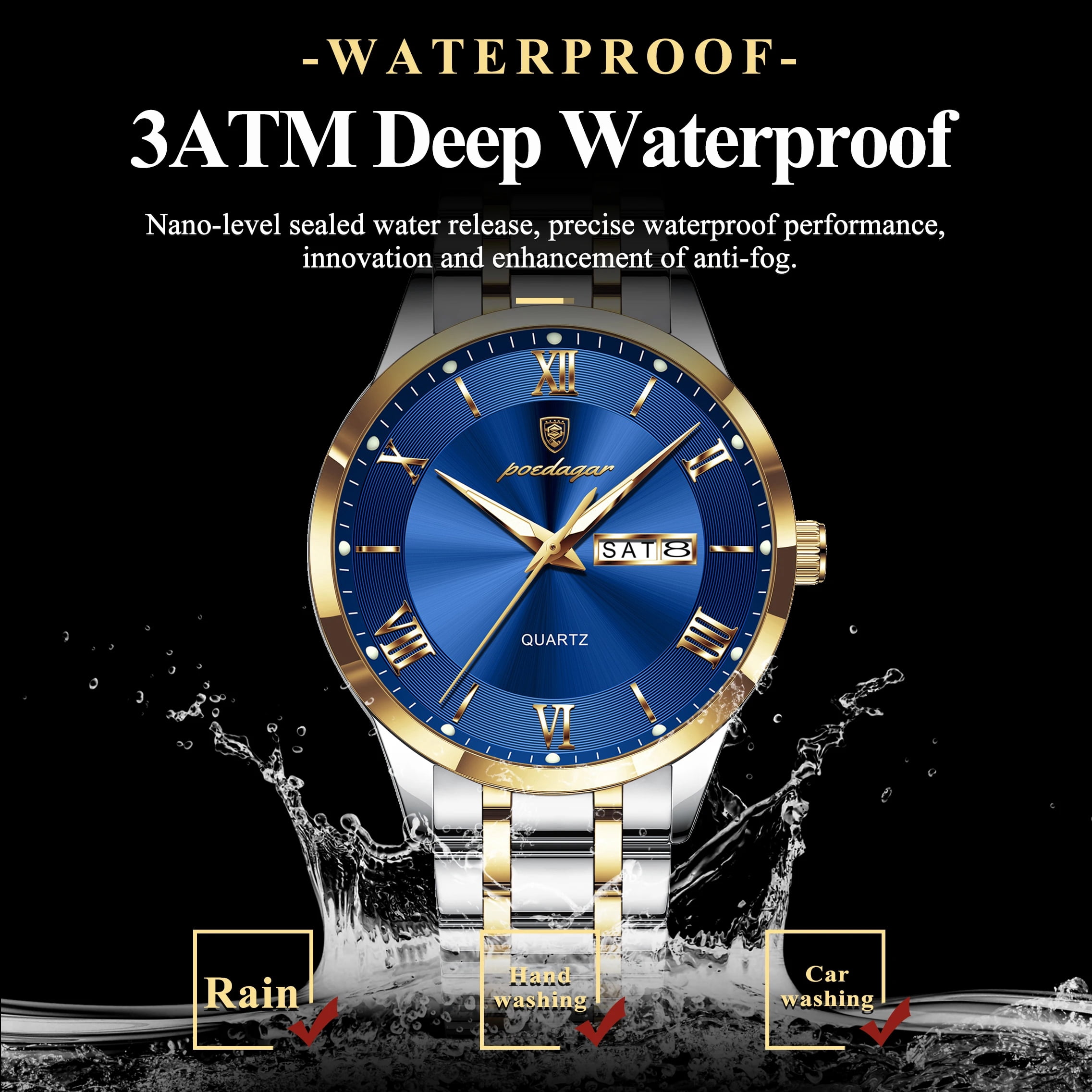 POEDAGAR Fashion Stainless Steel Men's Quartz Watches Waterproof Luminous Week Date Sports Man Wrist Watch