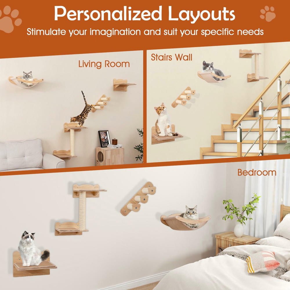Resenkos Wall-Mounted Cat Furniture Set of 4 Pieces with Hammock and Steps, Natural