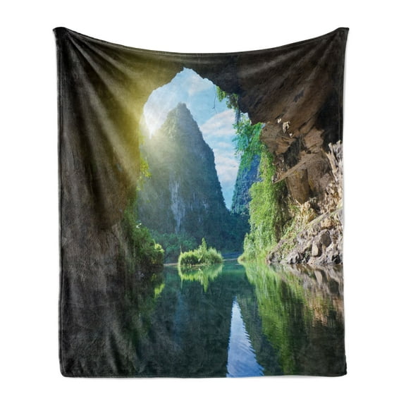 Natural Cave Soft Flannel Fleece Throw Blanket, Mountain Sky View from the Grotto Viatnemese Tam Coc Park Myst Nature Photo, Cozy Plush for Indoor and Outdoor Use, 50" x 70", Multicolor, by Ambesonne