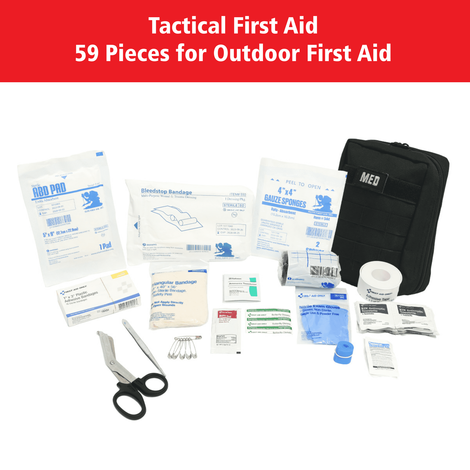 Elite Tactical First Aid Kit, 59 Pieces - Compact Survival Medical Supplies for Home, Outdoor, Car & Adventures