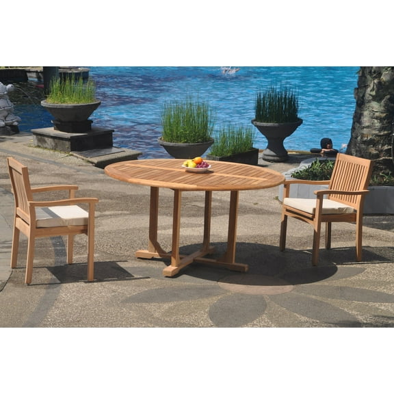Grade-A Teak Dining Set: 2 Seater 3 Pc: 60" Round Table And 2 Leveb Stacking Arm Chairs Outdoor Patio WholesaleTeak #WMDSWVm
