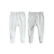 Owlivia 100% Organic Cotton Baby Boy Girl 2-Pack Footed Pants Wiggle Pants Jogging Pants(White & Grey Melange, Newborn)