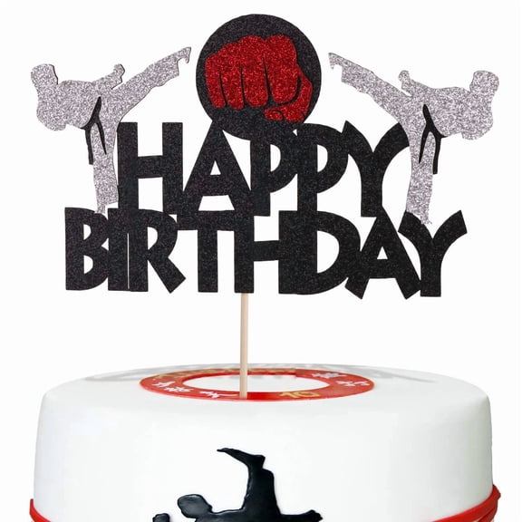 ELARA- Karate Theme Birthday Cake Topper Glitter Happy Birthday Party Decoration