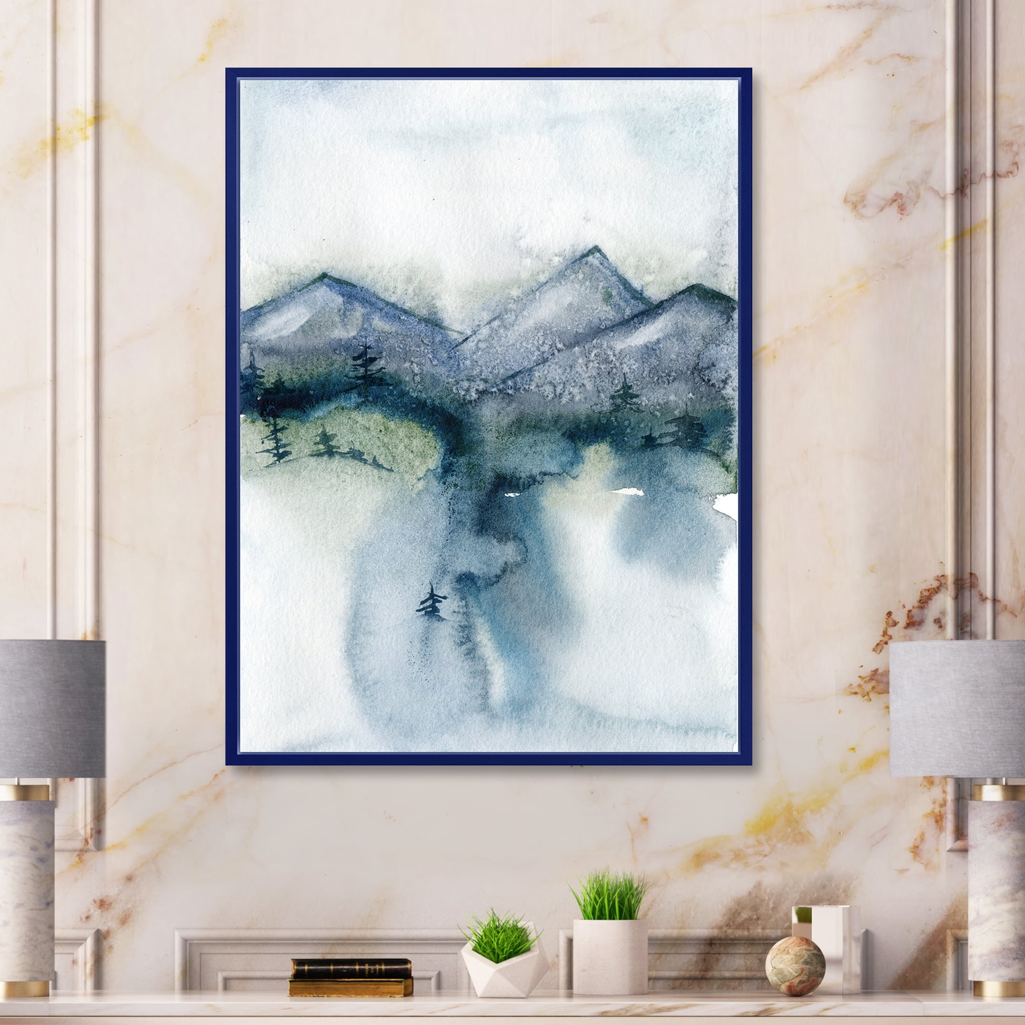 Minimalistic Landscape of Mountains Snow and Trees 30 in x 40 in Framed Painting Canvas Art Print, by Designart