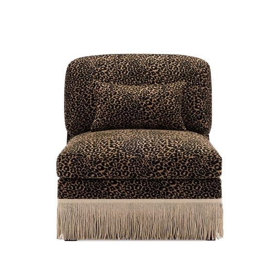 Black Brown Leopard Print Chenille Armless Single Seat Sofa with Throw Pillow, Tassel Decor Accent Chair for Living Room