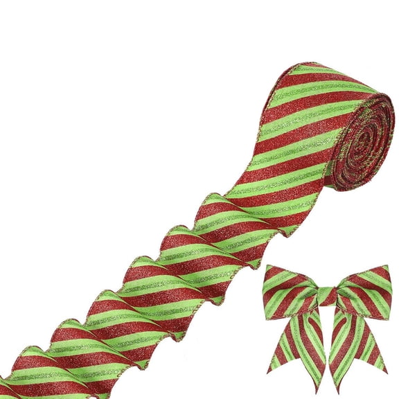 Festive Christmas Glitter Ribbon - 2.5 Inch Red & Green Striped Cloth for Gift Wrapping & DIY Craft Bows