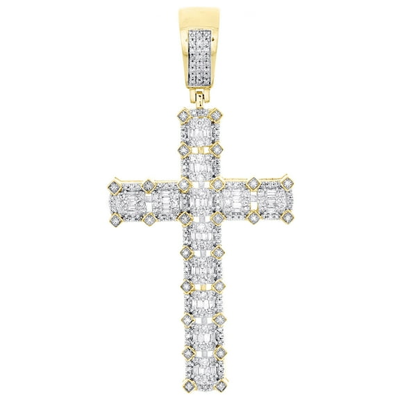 10K Yellow Gold Baguette Diamond Men's Latin Cross Pendant Statement Charm 1 CT