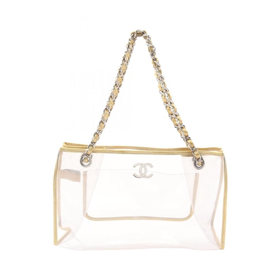 Pre-Owned CHANEL Coco Mark Tote Bag, Vinyl and Leather, Women's, Clear Gold (Good)