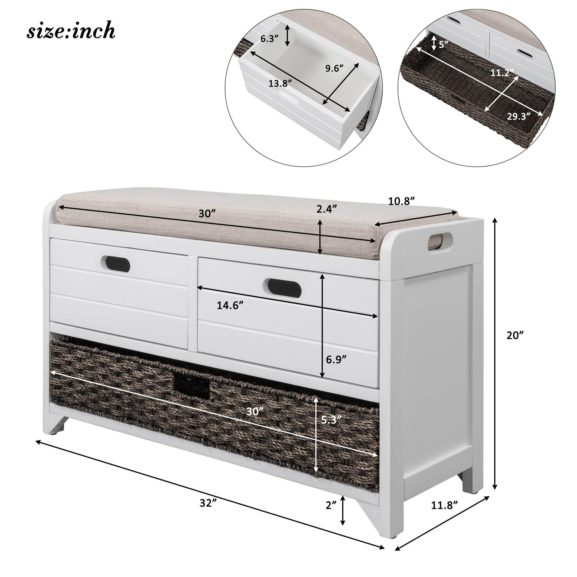 Aukfa Wood Storage Bench with Removable Basket and 2 Drawers for Entryway - White