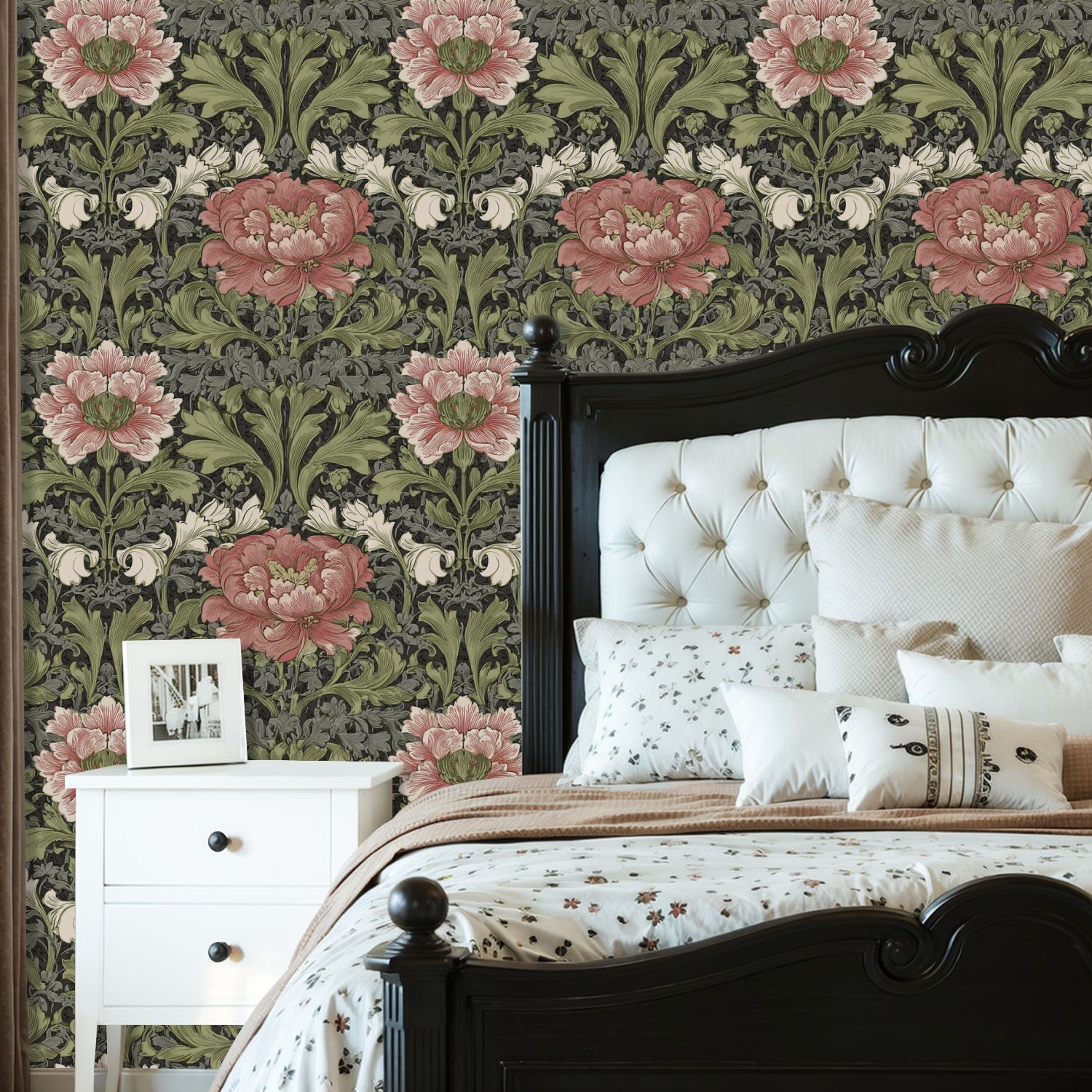 Farmhouse Peel and Stick Wallpaper Vintage Floral Peonies Ornate Leaves Dark Wall Mural 23.6in x 9.8ft Self Adhesive Removable Wall Paper Renter Friendly Wallpaper for Nursery Bedroom Cabinets