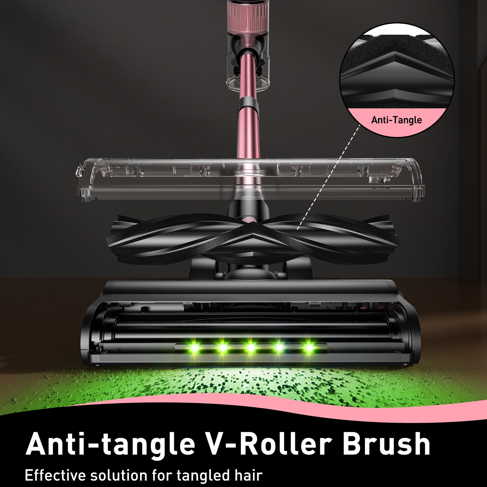 A27 Cordless Vacuum Cleaner, Stick Vacuum with Powerful Suction, Hose, Green LED Light, Anti-Tangle Brush, Lightweight Rechargeable Vacuum Cleaner for Home, Hardwood Floors, Carpets,Pink