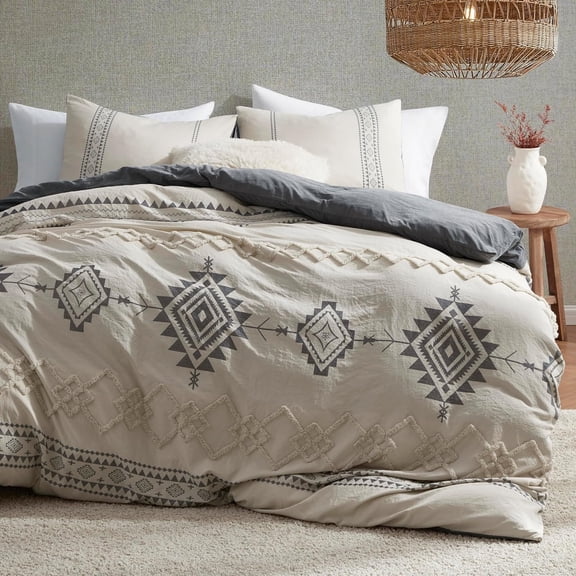 Boho Duvet Cover Set Size, Beige and Gray Color Clash 3 count Microfiber Bedding Set, Durable and Super Soft Duvet Covers with Zipper and Ties, 104"*90"