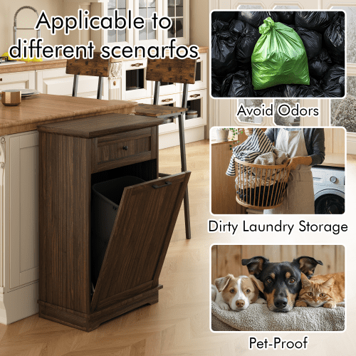 10 Gallon Tilt Out Trash Cabinet, Freestanding Wooden Garbage Recycling Bin with Hideaway Drawer, Pet Proof Trash Can Holder for Kitchen Living Room, Antique Brown (Trash Can Not Included)
