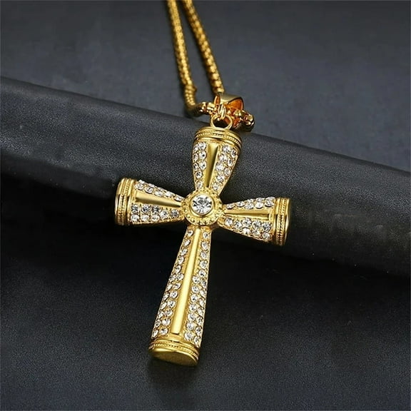 Religious Iced Out Bling Cross Pendants Necklaces For Women Men Golden Male 14K Yellow Gold Christian Jewelry