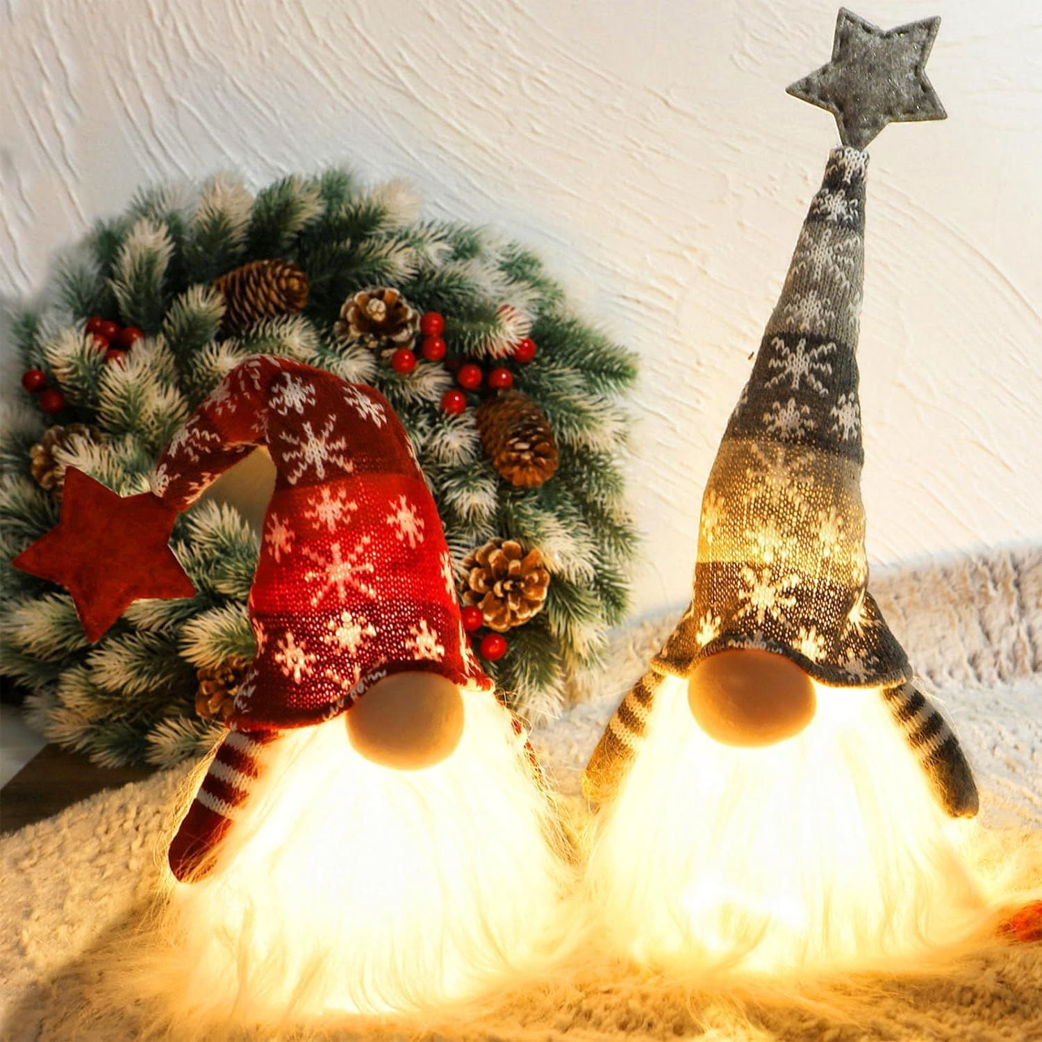 Lighted Christmas Gnome, Handmade Plush Scandinavian Swedish Tomte, Light Up Elf Toy Holiday Present, Battery Operated Winter Tabletop Christmas Decorations, 2 Set