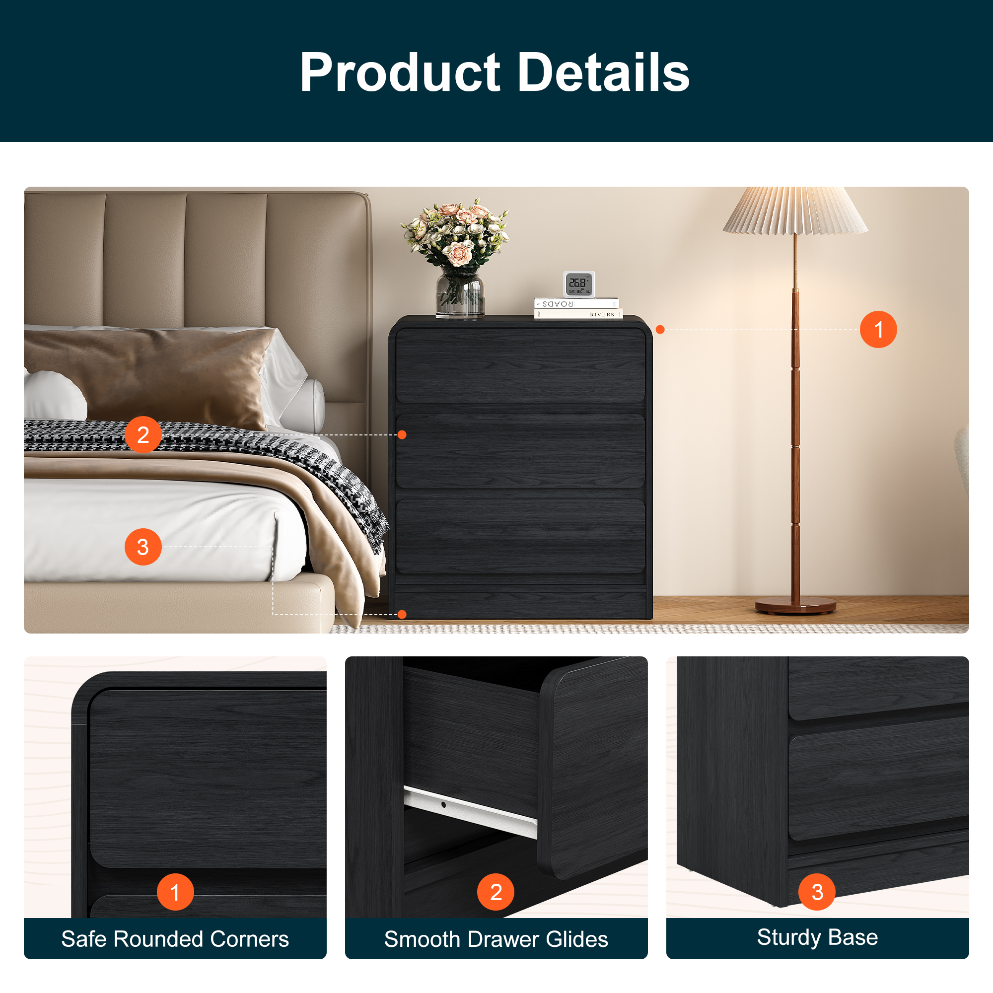 Heynemo Modern 3-Drawer Storage Dresser for Home and Office, Black