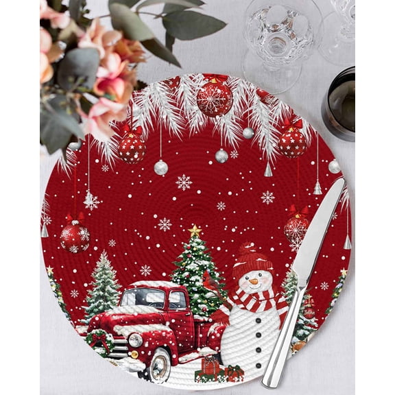 15 Inch Round Placemats Set of 4, Red Christmas Non Slip Heat Insulation PP Table Mats, Xmas Snowman Truck Tree Balls Washable Place Mats for Kitchen Dining Party Table Decor