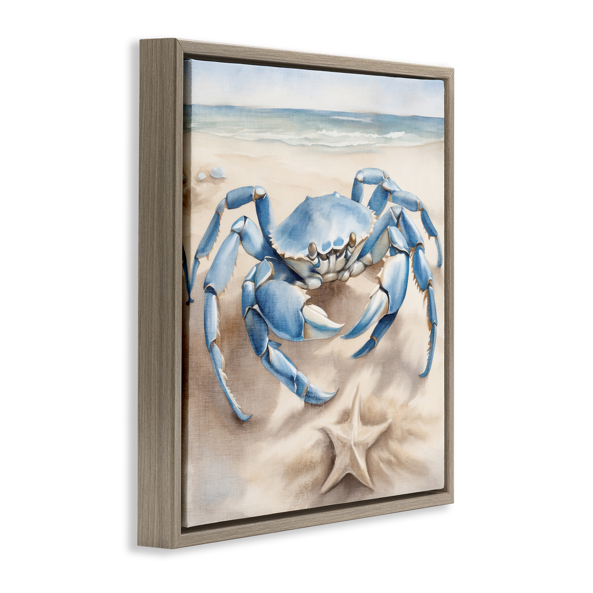 Stupell Industries Crab & Starfish on Beach Animals & Insects Painting Brown Floater Framed Canvas Art Print Wall Art, 18 x 18