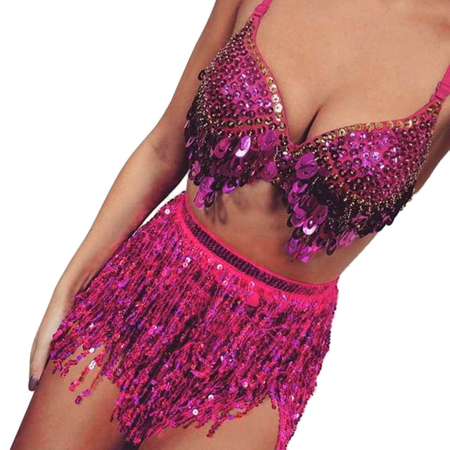 Outfmvch Jupes pour Femmes Mini Jupe à Carreaux Jupes pour Femmes Ligne A Couleur Unie Coupe Active Manches Courtes Régulières Robe Légère à Sequins Col Rond pour Femmes Rose Vif Taille Unique