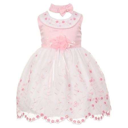 Multi Color Jeweled Flower - Little Girls Pink White Floral Jeweled Flower Girl Bubble Dress 2T