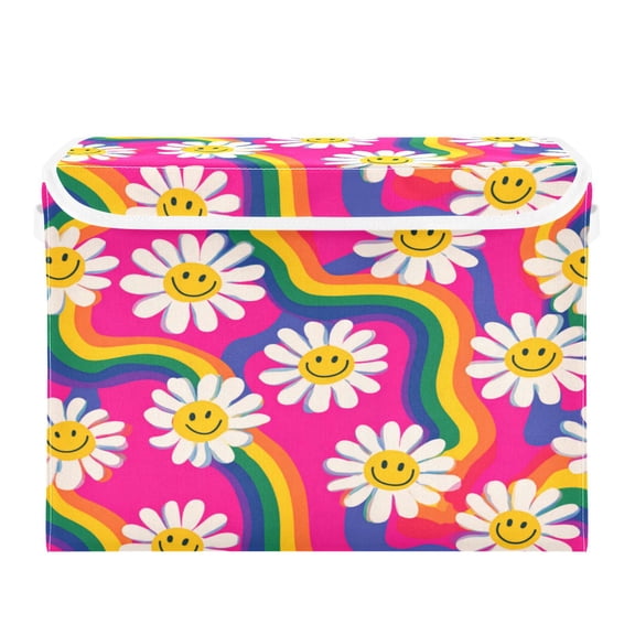 Large Collapsible Storage Box Flip Lid Fabric Decorative Organizer Container Basket with Handles 16.5×12.6×11.8in Groovy Daisies with Smiley Faces