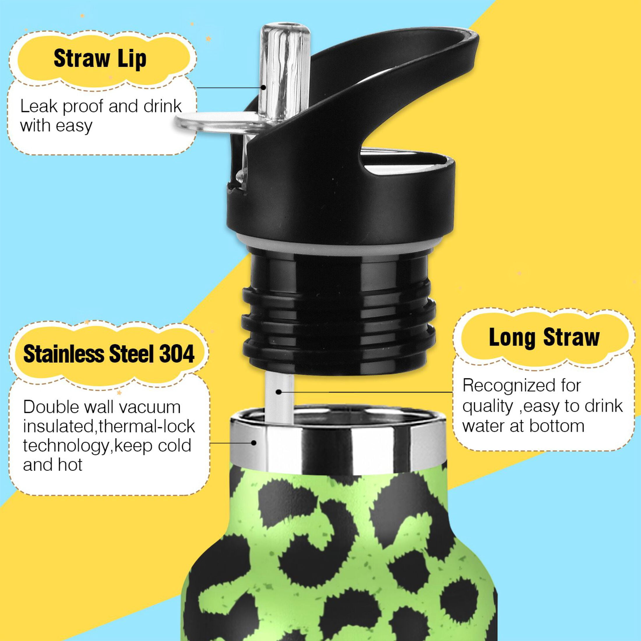 Kids Insulated Stainless Steel Sports Water Bottle 600ml Neon Green Leopard Print